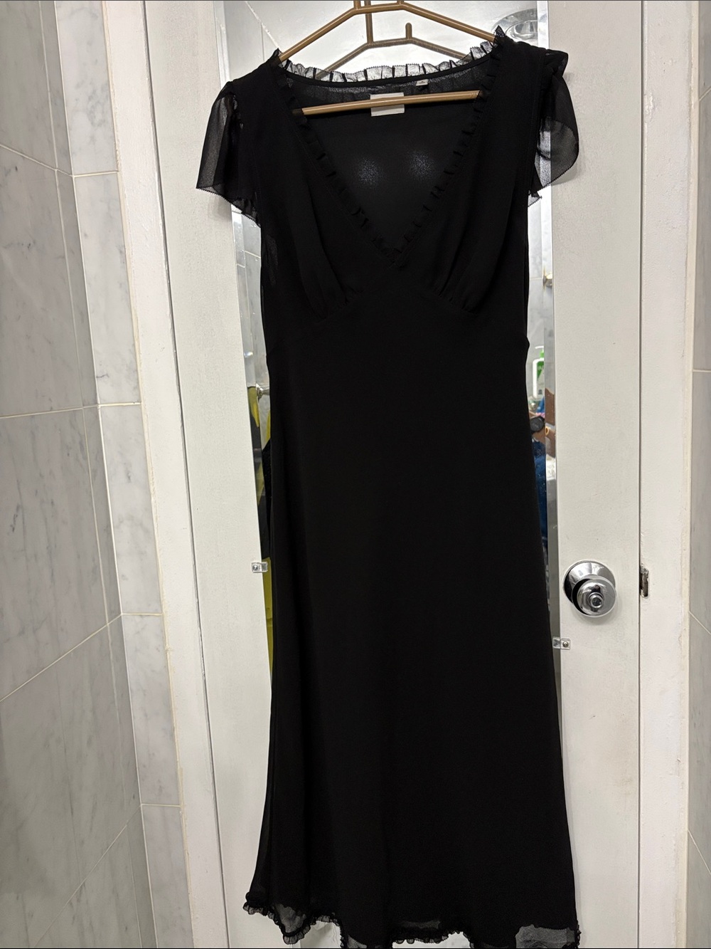 Wilfred Black V-Neck Midi Dress with Sheer Cap Sleeves